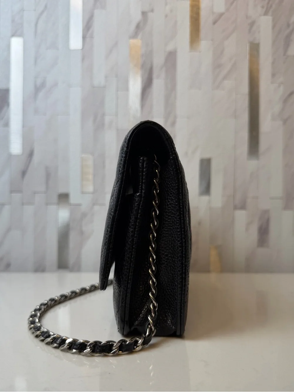 ♠️CHANEL Black Caviar Quilted Wallet On Chain WOC Silver Hardware Crossbody Bag